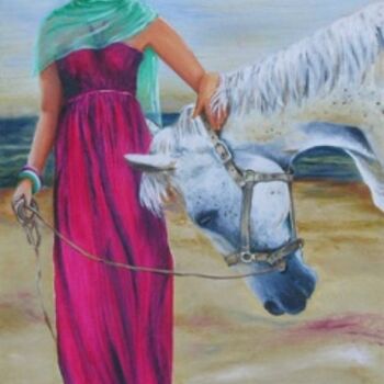 Painting titled "Avec mon cheval bla…" by Danielle Belle Josse, Original Artwork