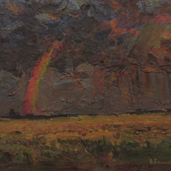 Painting titled "Rainbow above the f…" by Vasily Belikov, Original Artwork, Oil