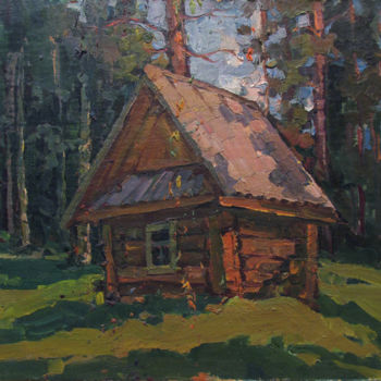 Painting titled "Hut in the forest" by Vasily Belikov, Original Artwork, Oil