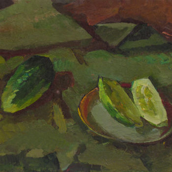 Painting titled "Cucumbers" by Vasily Belikov, Original Artwork, Oil