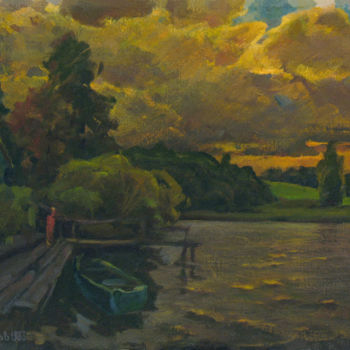 Painting titled "Boat on the evening…" by Vasily Belikov, Original Artwork, Oil