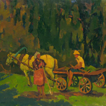 Pittura intitolato "Hay time. Rural life" da Vasily Belikov, Opera d'arte originale, Olio