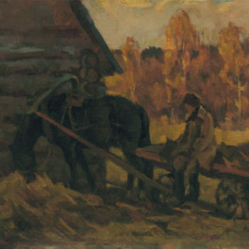 Ζωγραφική με τίτλο "Autumn. Rural life" από Vasily Belikov, Αυθεντικά έργα τέχνης, Λάδι