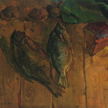 Painting titled "Still life with fish" by Vasily Belikov, Original Artwork, Oil