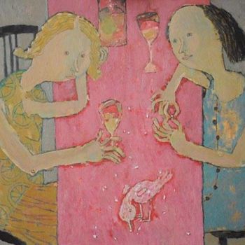 Pintura intitulada "two women and a bird" por Elena Belyakova, Obras de arte originais