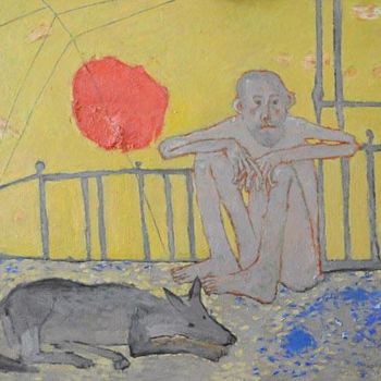Peinture intitulée "a human and a dog a…" par Elena Belyakova, Œuvre d'art originale