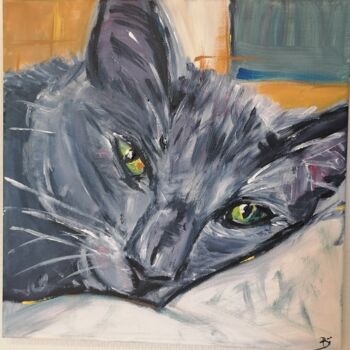 Malerei mit dem Titel "chat gris au lit" von Bénédicte Dillies, Original-Kunstwerk, Acryl