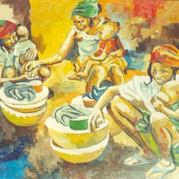 Painting titled "fulani milkmaids at…" by Benedict Edet, Original Artwork