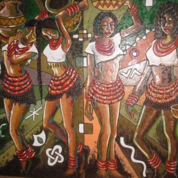 Pintura intitulada "the pot maidens" por Benedict Edet, Obras de arte originais