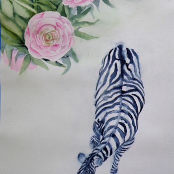 Peinture intitulée "Cebra y Peonías" par Benilde, Œuvre d'art originale, Aquarelle