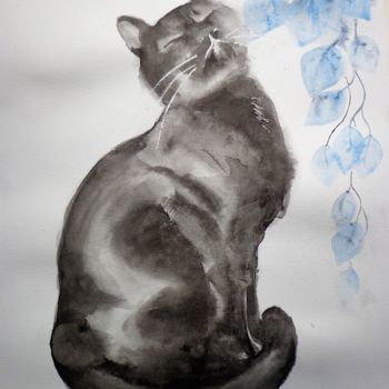 Картина под названием "Gato en tinta China" - Benilde, Подлинное произведение искусства, Акварель