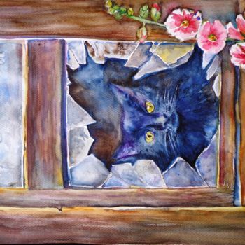 Pintura intitulada "El Gato en la Venta…" por Benilde, Obras de arte originais, Aquarela