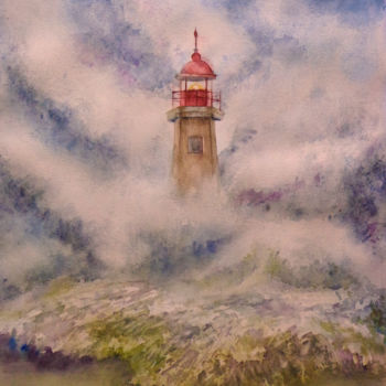 Pintura intitulada "El Faro y La Tormen…" por Benilde, Obras de arte originais, Aquarela