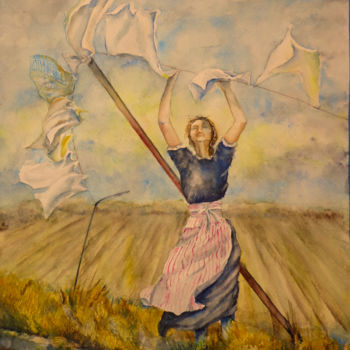 Painting titled "Tendiendo la ropa" by Benilde, Original Artwork, Watercolor