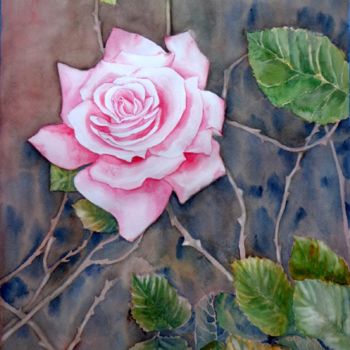 Pintura intitulada "Una rosa y sus espi…" por Benilde, Obras de arte originais, Aquarela