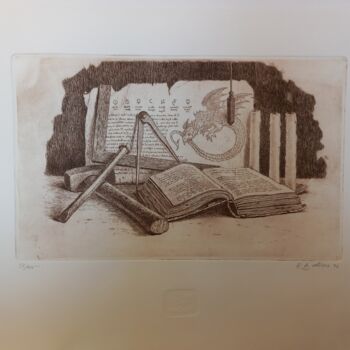 Gravures & estampes intitulée "strumenti del liber…" par Benito Lizza, Œuvre d'art originale, Eau-forte