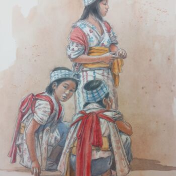 Peinture intitulée "Famiglia mongola" par Benito Lizza, Œuvre d'art originale, Aquarelle