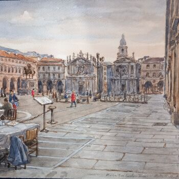 Peinture intitulée "Torino Piazza San C…" par Benito Lizza, Œuvre d'art originale, Aquarelle