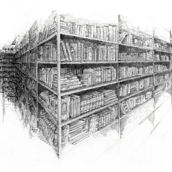 Disegno intitolato "inkshelves #3" da Ben J. Gross, Opera d'arte originale, Inchiostro