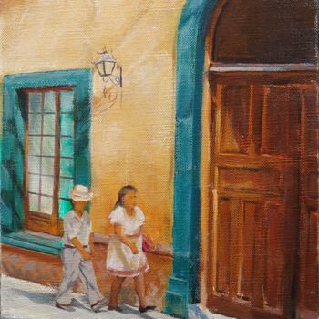 Painting titled "Mexico Street Scene" by Benjamin Kelley, Original Artwork, Oil Mounted on Wood Stretcher frame