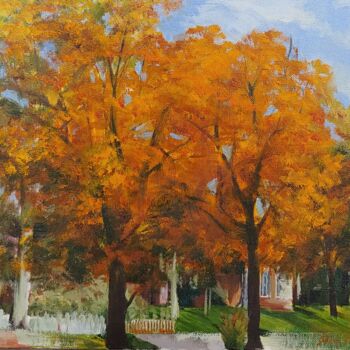 Painting titled "Fall Scene" by Benjamin Kelley, Original Artwork, Oil Mounted on Other rigid panel