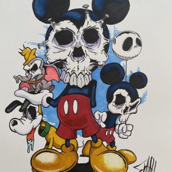 Dessin intitulée "skulls & disneys" par Benjamin Lavoyer, Œuvre d'art originale, Marqueur