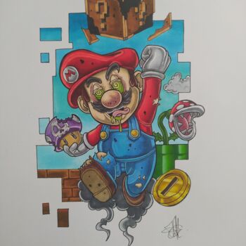 Tekening getiteld "super high mario" door Benjamin Lavoyer, Origineel Kunstwerk, Marker