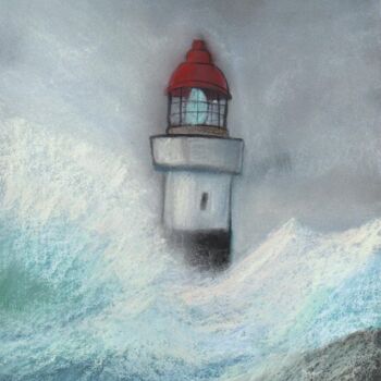 Pintura intitulada "phare tempete" por Benjamin Petit, Obras de arte originais, Pastel