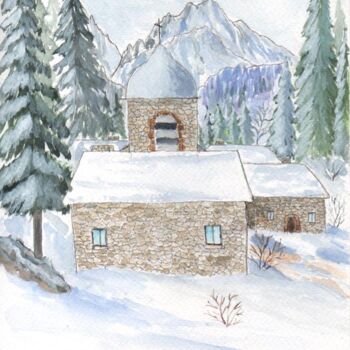 Malerei mit dem Titel "village l'hiver" von Benjamin Petit, Original-Kunstwerk, Aquarell