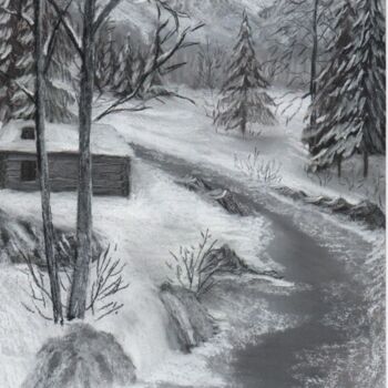 Painting titled "rivière et neige" by Benjamin Petit, Original Artwork, Pastel