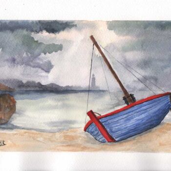 Pintura titulada "bateau-sur-plage." por Benjamin Petit, Obra de arte original, Acuarela