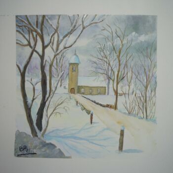 Painting titled "Eglise-et-neige" by Benjamin Petit, Original Artwork, Watercolor