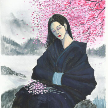 Peinture intitulée "Femme aux fleurs" par Benjamin Petit, Œuvre d'art originale, Encre