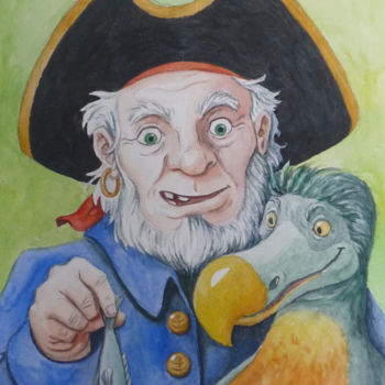 Painting titled "Pirate et dodo" by Benoit Meurzec, Original Artwork, Watercolor