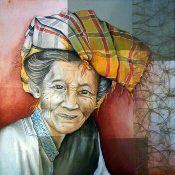 Schilderij getiteld "La vieille Birmane" door Bérengère Labarthe (Lab-Art), Origineel Kunstwerk, Houtskool Gemonteerd op Fra…