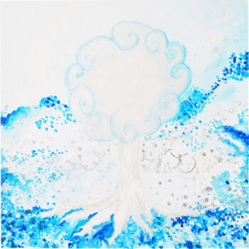 Painting titled "L'Arbre-Nuage" by Bérénice Art, Original Artwork, Acrylic Mounted on Wood Panel