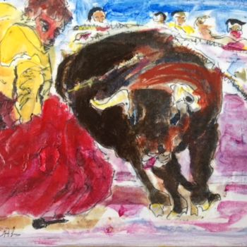 Malerei mit dem Titel "Bravo Toro 1" von Bernadette Cazal, Original-Kunstwerk, Aquarell