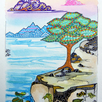 Drawing titled "Paysage - zentangle" by Bernadette Dupuis, Original Artwork, Other