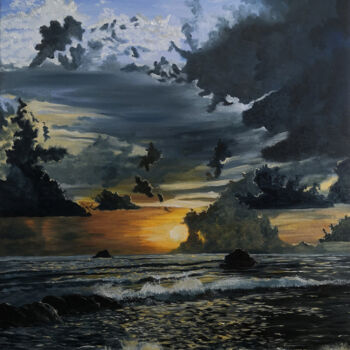 Painting titled "Coucher de soleil s…" by Bernard Benoit, Original Artwork, Oil Mounted on Wood Stretcher frame