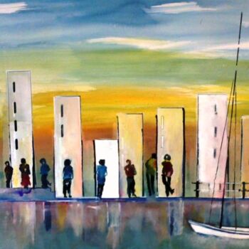 Peinture intitulée "Promenade au port" par Bernard Courtalon (courtaloni), Œuvre d'art originale, Aquarelle