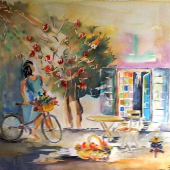 Painting titled "Le vélo" by Bernard Courtalon (courtaloni), Original Artwork, Watercolor