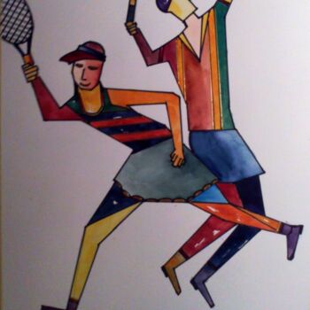 Painting titled "tennisman-50x40.jpg" by Bernard Courtalon (courtaloni), Original Artwork, Watercolor