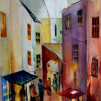 Painting titled "Rue vivante." by Bernard Courtalon (courtaloni), Original Artwork, Watercolor