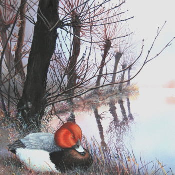 Schilderij getiteld "Hiver sur l'étang" door Bernard Domange, Origineel Kunstwerk, Acryl