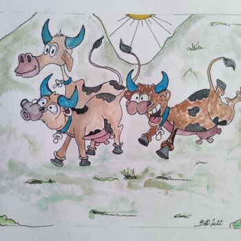 Dessin intitulée "Vaches béarnaises" par Bernard Houssin Brillas, Œuvre d'art originale, Encre