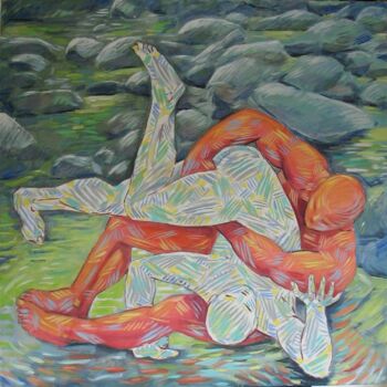 Painting titled "Wrestlers - lutteurs" by Bernard Marie Collet, Original Artwork, Oil