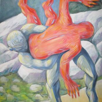 Картина под названием "wrestlers - lutteurs" - Bernard Marie Collet, Подлинное произведение искусства, Масло