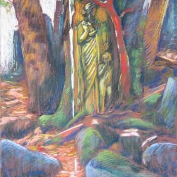 Schilderij getiteld "Stele and red tree…" door Bernard Marie Collet, Origineel Kunstwerk, Olie