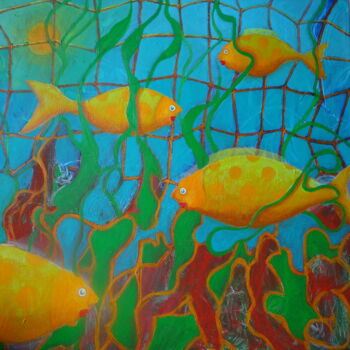 Painting titled "Les poissons jaunes" by Bernard Moutin, Original Artwork
