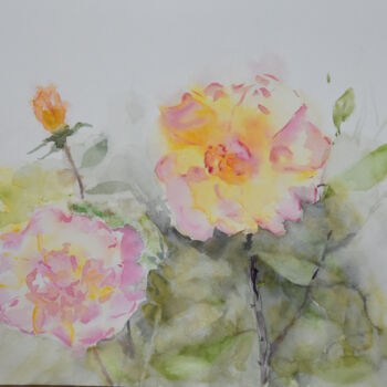 Painting titled "Trois roses" by Bernard Pothier, Original Artwork, Watercolor